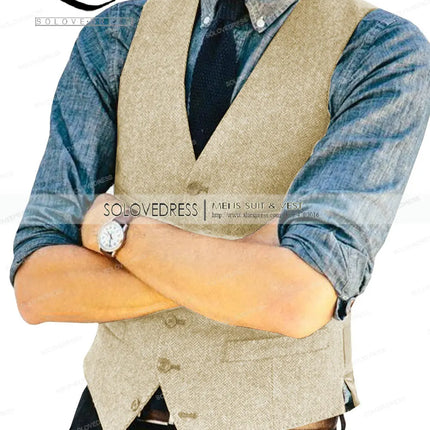 Mens Vests Tweed Herringbone Slim Fit Fashion Men's Suits Vests For Jacket Groomsmen  Waistcoat For Wedding