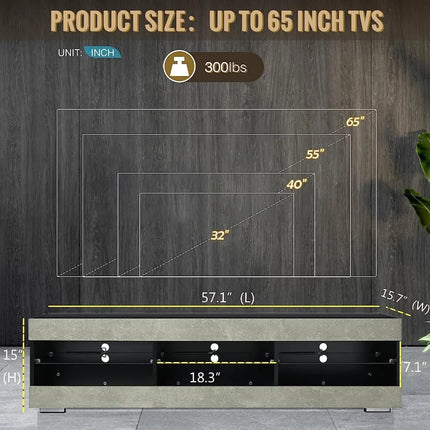LED TV stand, gray black TV stand with LED lights, TV media console with glass frame