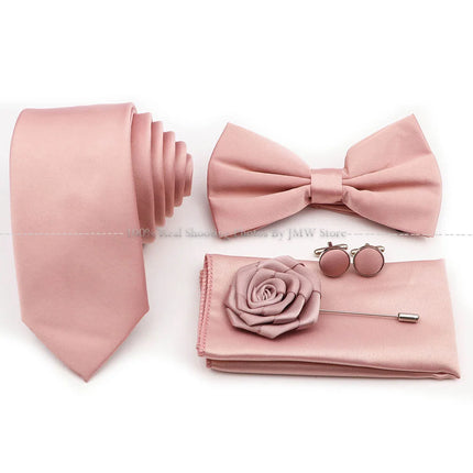 Hot Sale Purple Pink Sage Green Tie Set Polyester Necktie Bowtie Cufflink Brooch For Groom Suit Wedding Cravat Shirt Accessory