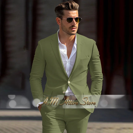 Men's linen suit 2-piece peak lapel jacket pants for summer beach wedding groom prom party tailor-made casual formal outfit
