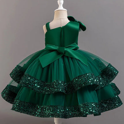 Girl's New Sequined Bow Irregular Collar Mesh Princess Dress Christmas Birthday Party Sweet and Cute Evening Dress