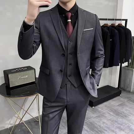 Men's Wedding Groomsmen Suit Set High-Quality Solid Color Casual Office Menswear Jacket + Vest + Pants