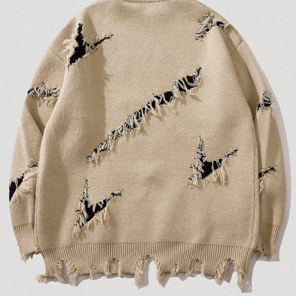 2025 New Men Distressed Sweater Hip Hop Pullover Vintage Casual Knitwear Top Streetwear Fashion Autumn Winter
