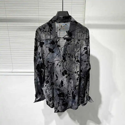 Spring Thin Original Design Trendy Men's Hollow out Iron Free Loose Handsome Shirt Vintage Printed Casual Shirt