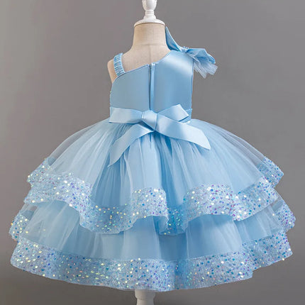 Girl's New Sequined Bow Irregular Collar Mesh Princess Dress Christmas Birthday Party Sweet and Cute Evening Dress