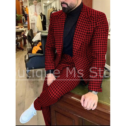 Men's Houndstooth Suit Slim Single Breasted Blazer and Pants Formal Party Prom Wedding Business Casual Male Suit 2 Piece