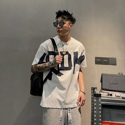 2025 Summer Casual All-match Trend Korean Fashion Short Sleeve Round Neck Solid Color Letter Printed Loose Fashion Youth T-shirt