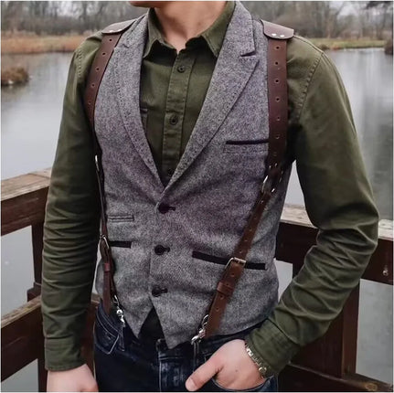 Lapel Neck  Herringbone Men's Suits Vest Single Breasted Slim Fit Men's Waistcoat For Busssiness Wedding