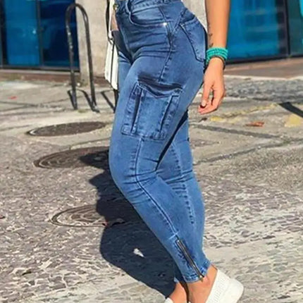 Women's Denim Pants 2024 Summer New Fashion Solid Color Buttoned Pocket Zipper Design High Waist Casual Daily Skinny Jeans
