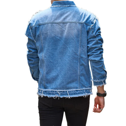 Street Stylish Holes Design Slim Men Denim Jacket Coat High Quality Male Distressed Casual Denim Jacket