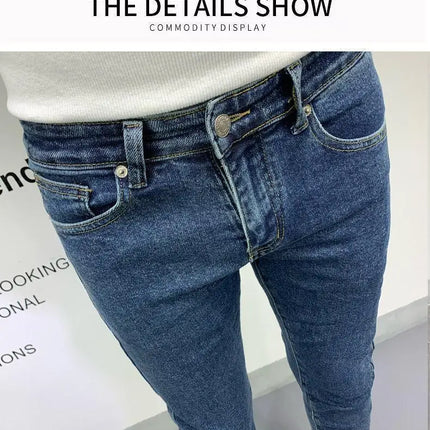 New Men's Slim Denim Jeans Casual Spring and Autumn Stretchy Skinny Pants Korean Style Trendy Cowboy Hip Hop Cropped Trousers