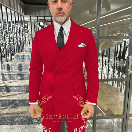 Black Men's Suit 2 Piece Double Breasted Jacket Pants Formal Wedding Groom Tuxedo Peaked Lapel Blazer Customized Men's Suit
