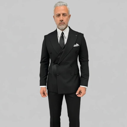 Black Men's Suit 2 Piece Double Breasted Jacket Pants Formal Wedding Groom Tuxedo Peaked Lapel Blazer Customized Men's Suit
