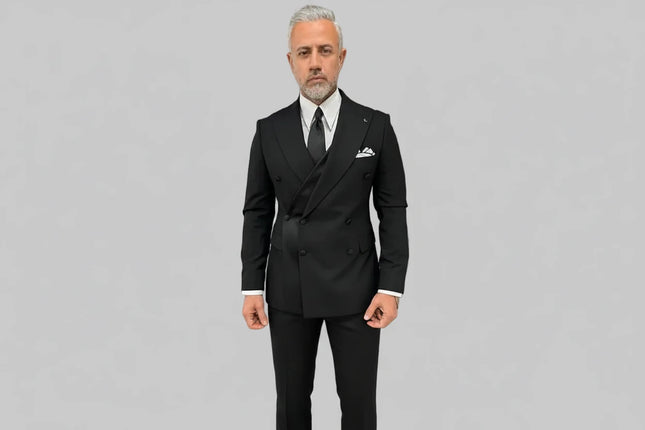 Black Men's Suit 2 Piece Double Breasted Jacket Pants Formal Wedding Groom Tuxedo Peaked Lapel Blazer Customized Men's Suit