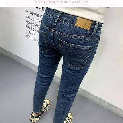 New Men's Slim Denim Jeans Casual Spring and Autumn Stretchy Skinny Pants Korean Style Trendy Cowboy Hip Hop Cropped Trousers