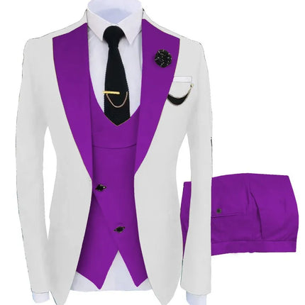 Men Three Piece Suit Sets Turn Down Collar Full Sleeve Blazers Vest Long Pants Slim Fit Ensemble Banquet Evening Splice Spring