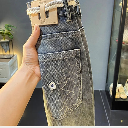 High-End Men's Slim Straight Leg Jeans Casual Print Comfortable Long Trousers Fashionable Trendy Youth Popular Autumn New Arr...