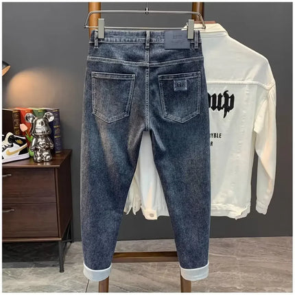 Summer Men's Slim Fit Jeans Thin Trendy Loose Straight Leg Elastic Nine Point Pants Versatile Casual Straight Cut Jeans
