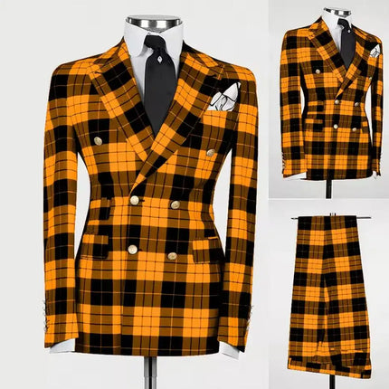 Male Fashion Suits Men Formal Wear Plaid Checked Jacket Pants 2 Piece Sets Man Business Party Attire Customized Groom Tuxedos