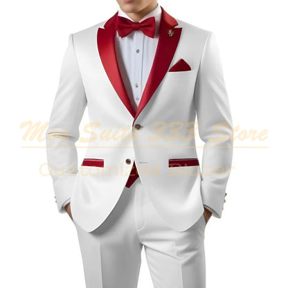 Customized White Men Suits Single Breasted Red Notch Lapel Slim Fit Male Clothing High Quality Wedding 2 Piece Jacket Pants 2025