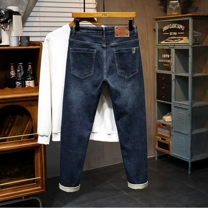 New Embroidery Fashion Straight Jeans Men Stretch Black Blue Slim Fit Pants Comfortable Business Denim Trousers