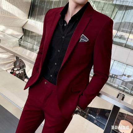 Men's Two-Piece Suit Monochromatic Tern Casual Elegant High-Quality New Banquet Ready Fashionable Ensemble