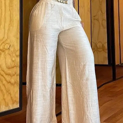 Women's High Waist Wide Leg Pants, Elegant Chain Decor, Black Trousers, Casual Clothes, White, Summer