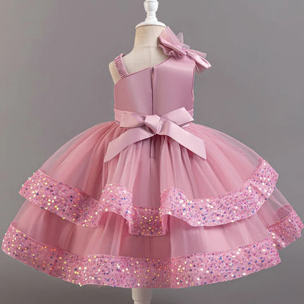 Girl's New Sequined Bow Irregular Collar Mesh Princess Dress Christmas Birthday Party Sweet and Cute Evening Dress