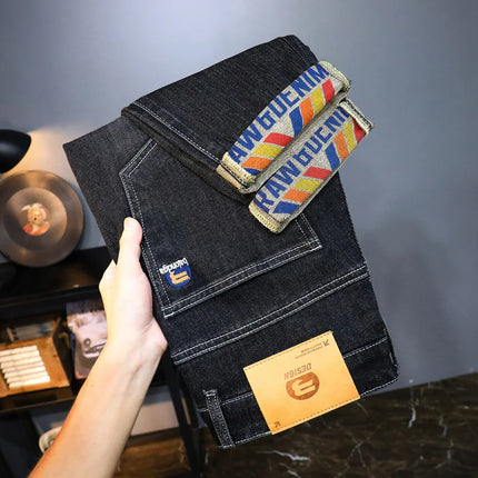 New Embroidery Fashion Straight Jeans Men Stretch Black Blue Slim Fit Pants Comfortable Business Denim Trousers