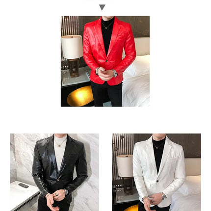 Men Casual Black White Suit Leather Jacket /Men Solid Color Business Suit Collar PU Blazers Dress Coat Fashion /New Men Clothing