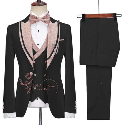 Stylish Men's Suit 3-piece Set Jacket Vest Pants White Slim Fit Pink Shinny Peak Lapel Blazer Wedding Prom Party Custom Tuxedo