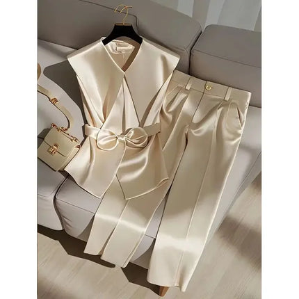 Fashion Satin Celebrity Outfits Elegant OL Peter Pan Collar Bow Sleeveless Vest + High Waist Wide Leg Pants Two Piece Set