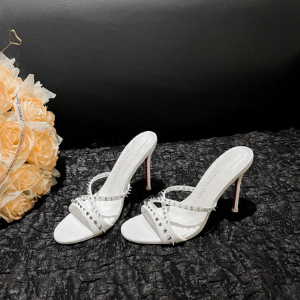 New white high-heeled cool mop with red sole, rivet cross strap, women's pointed toe party essential fashion women's shoes