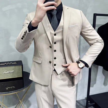 Men's Wedding Groomsmen Suit Set High-Quality Solid Color Casual Office Menswear Jacket + Vest + Pants
