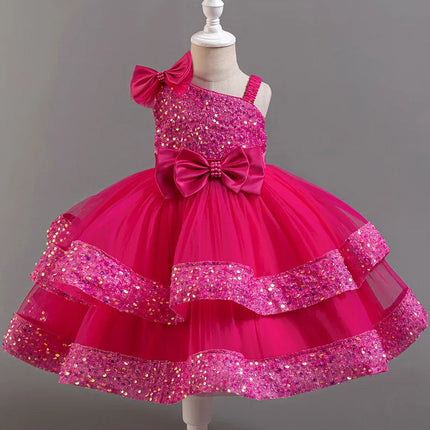 Girl's New Sequined Bow Irregular Collar Mesh Princess Dress Christmas Birthday Party Sweet and Cute Evening Dress