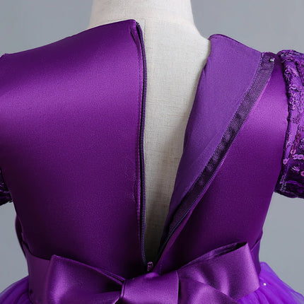 New Purple Girls' 3-12 Year Old Round Neck Trail Party Dress   Sequin Bubble Sleeves Princess Dress Suitable for Kid