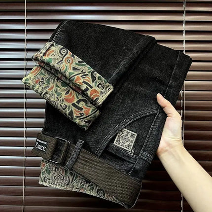 Trendy Embroidered Slim Fit Men's Jeans Spring Autumn New Style Zipper Long Casual Pants Youth Versatile Wear Resistant