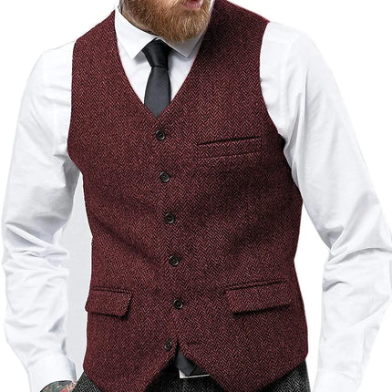 Mens Suit Vest Retro Tweed Wool Regular Fit Waistcoat Herringbone for Jacket Men's Suits Vest