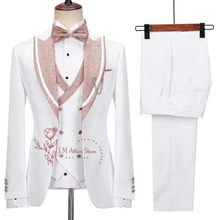Stylish Men's Suit 3-piece Set Jacket Vest Pants White Slim Fit Pink Shinny Peak Lapel Blazer Wedding Prom Party Custom Tuxedo