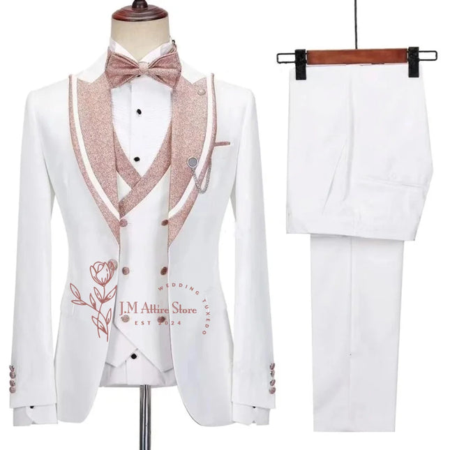 Stylish Men's Suit 3-piece Set Jacket Vest Pants White Slim Fit Pink Shinny Peak Lapel Blazer Wedding Prom Party Custom Tuxedo