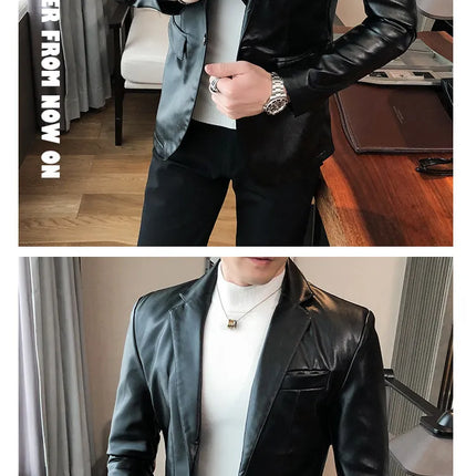 Men Casual Black White Suit Leather Jacket /Men Solid Color Business Suit Collar PU Blazers Dress Coat Fashion /New Men Clothing
