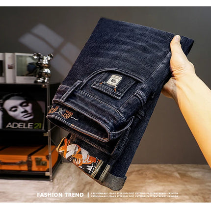 Spring Edition Men's Jeans mid Waist Straight Leg Faion Urban Sle Elastic Waist Micro Stretch Snowflake Waed