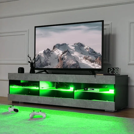 LED TV stand, gray black TV stand with LED lights, TV media console with glass frame
