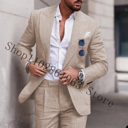 2023 White Linen Suits For Men Slim Fit Peak Lapel 2 Pieces Best Men Groom Wear Wedding Tuxedos Blazer+Pants Trajes De Hombre