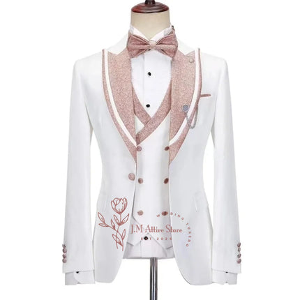 Stylish Men's Suit 3-piece Set Jacket Vest Pants White Slim Fit Pink Shinny Peak Lapel Blazer Wedding Prom Party Custom Tuxedo