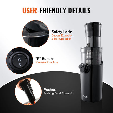 VEVOR Masticating Juicer Cold Press Juicer Machine 2.6" Large Feed Chute Slow Juicer Juice Extractor Maker with High Juice Yield