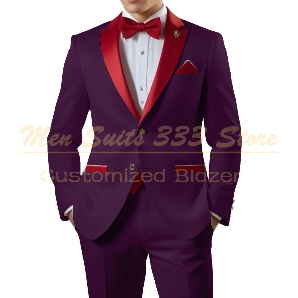 Customized White Men Suits Single Breasted Red Notch Lapel Slim Fit Male Clothing High Quality Wedding 2 Piece Jacket Pants 2025
