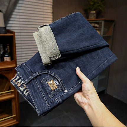 New Embroidery Fashion Straight Jeans Men Stretch Black Blue Slim Fit Pants Comfortable Business Denim Trousers