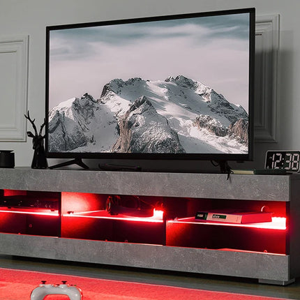 LED TV stand, gray black TV stand with LED lights, TV media console with glass frame