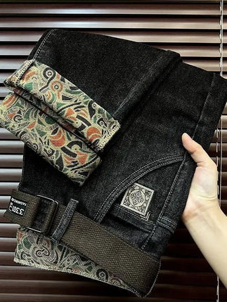 Trendy Embroidered Slim Fit Men's Jeans Spring Autumn New Style Zipper Long Casual Pants Youth Versatile Wear Resistant